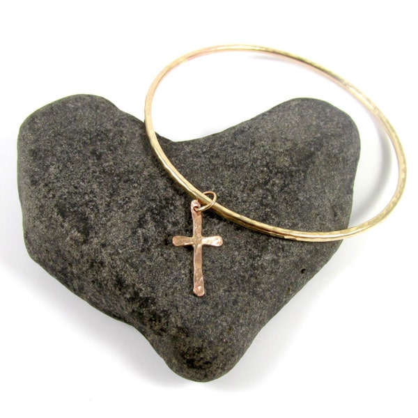 Gold Cross Charm Bangle, Hammered Bracelet, Christian Inspired Jewelry, Confirmation Baptismal Bracelet, Religious Gift Idea For Her