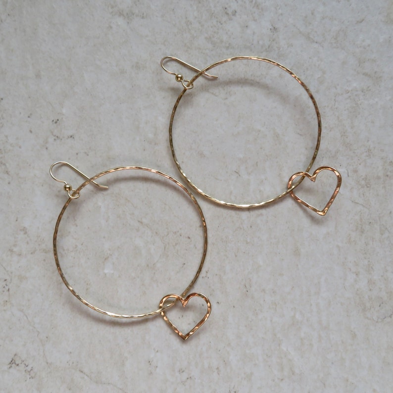 Large Gold Hoop Heart Earrings Hammered Hoops Heart Jewelry Etsy