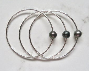 Hammered Sterling Silver Tahitian Pearl Bangle - Hawaii Beach Jewelry