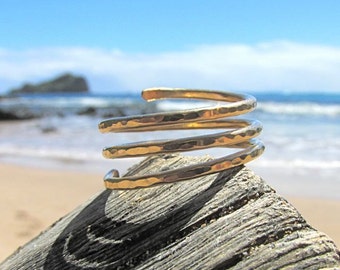 Triple Wrap Ring, Gold Spiral Coil, Hammered Band, Handmade Maui Hawaii Jewelry, Minimalist, Open Stack, Stacking Rings, Gift Idea for Her