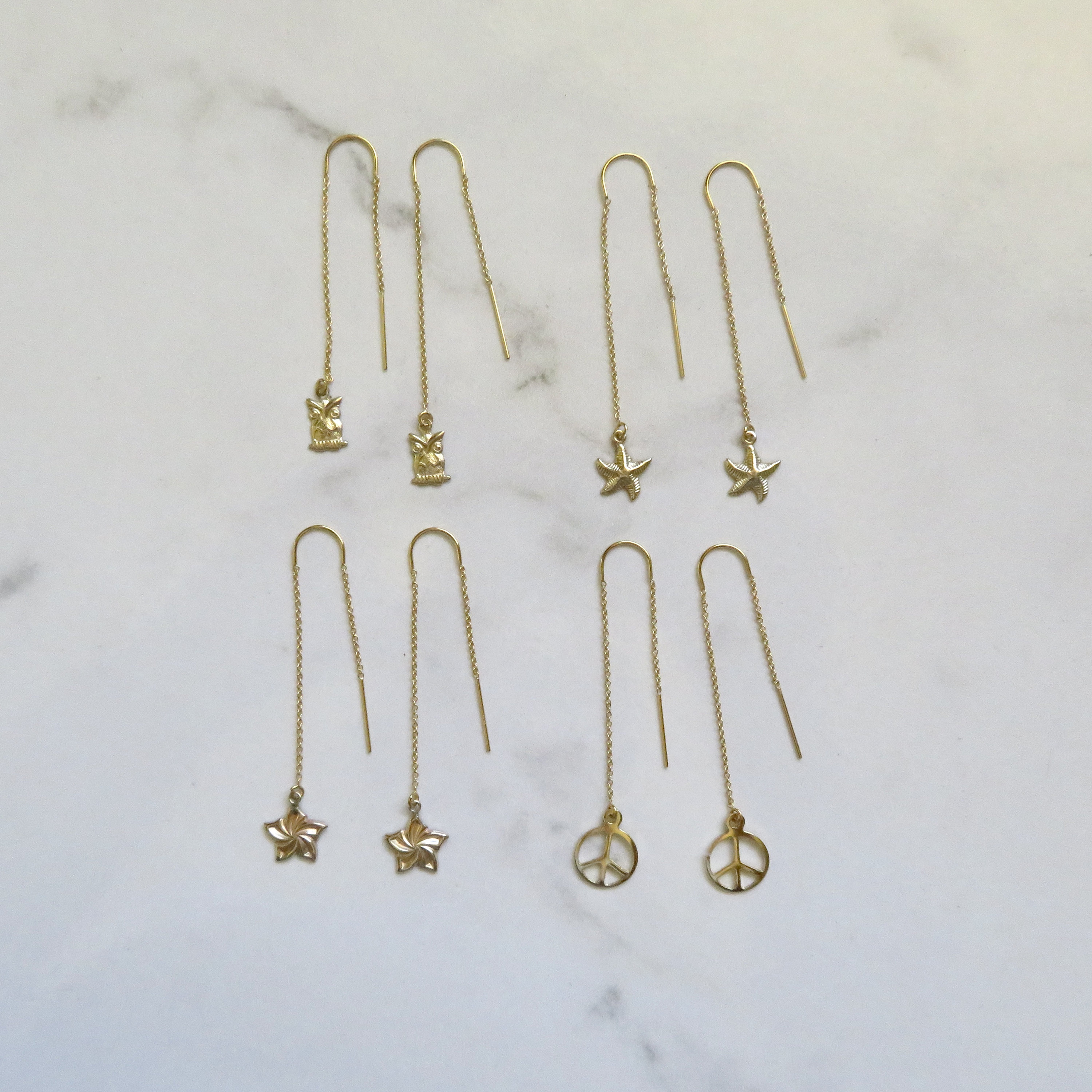 Threader Earrings, Gold Chain Dangle, Owl Charm, Starfish, Flower Peace Sign Earring Threaders, Gift