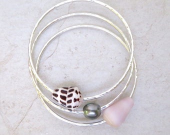 Hammered Sterling Silver Bangle Set: Tahitian Pearl & Hawaiian Shells