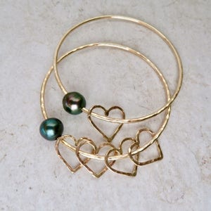 Tahitian Pearl Bangle, Gold Hammered Bracelet, Hawaii Beach Jewelry, Genuine Black Pearls, Bridal, Wedding, Anniversary Gift Idea For Her image 8