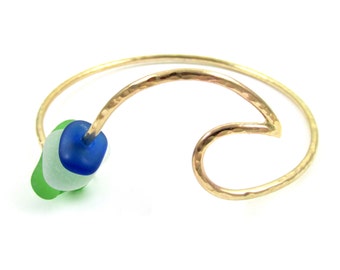 Thick 14k Gold Wave Bangle: Hammered Beach Jewelry