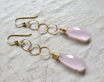 Gemstone Earrings, Long Gold Chain Dangle, Rose Quartz Pink Wire Wrapped Gemstones, Elegant Gift Idea, Handmade Hawaii, Boho Fashion Jewelry