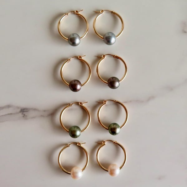Tahitian Pearl Hoop Earrings: Gold Tube Hoops, Handmade Maui Jewelry
