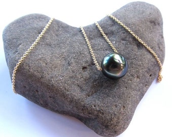 Tahitian Pearl Necklace, Fine Gold Chain, Floating, Genuine Pearls, Hawaii Beach Jewelry, Elegant Fashion, Anniversary Gift, Handmade Maui