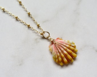 Sunrise Shell Necklace, Gold Chain, Wire Wrapped Small Orange Pink Rare Hawaiian Seashell, Hawaii Beach Creations, Handmade Maui Jewelry