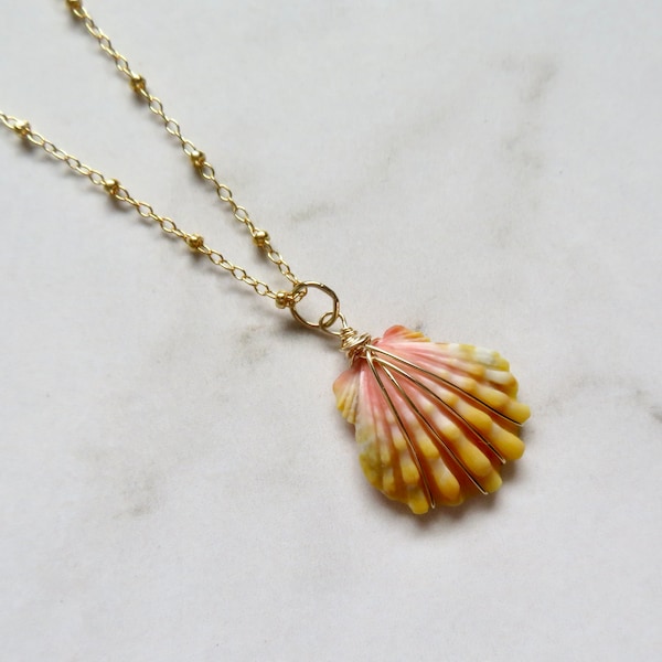 Sunrise Shell Necklace, Gold Chain, Wire Wrapped Small Orange Pink Rare Hawaiian Seashell, Hawaii Beach Creations, Handmade Maui Jewelry