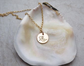 Gold Mermaid Necklace, Hand Stamped, Circle Disc Charm Pendant, Handmade Maui Hawaii Beach Jewelry, Girls Gift Idea, Ocean Fashion, Boho