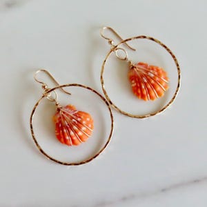 May include: A pair of gold hoop earrings, each featuring a vibrant orange seashell pendant with white speckles. The seashells are wire-wrapped and suspended within the hammered gold hoops. The earrings are displayed on a white marble surface.