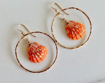 May include: A pair of gold hoop earrings, each featuring a vibrant orange seashell pendant with white speckles. The seashells are wire-wrapped and suspended within the hammered gold hoops. The earrings are displayed on a white marble surface.