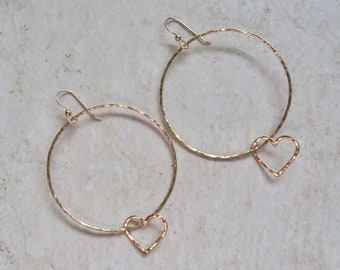 Large Gold Hoop Heart Earrings, Hammered Hoops, Heart Jewelry, Sweetheart, Wedding, Bridal Fashion, Anniversary, Mother's Day Gift Idea