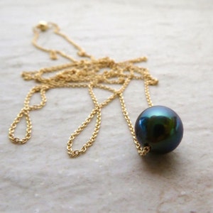 Collar de perlas de Tahití, cadena fina de oro larga, perla negra auténtica, regalo de aniversario para ella, joyería de playa de Hawái, collares en capas