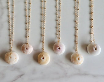 May include: Five gold necklaces with shell pendants. Each necklace features a different shell pendant with a hole in the center. The shells are white with hints of pink and beige.