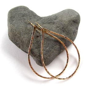 14k Gold Fill Teardrop Hoop Earrings: Handmade Hammered Hoops