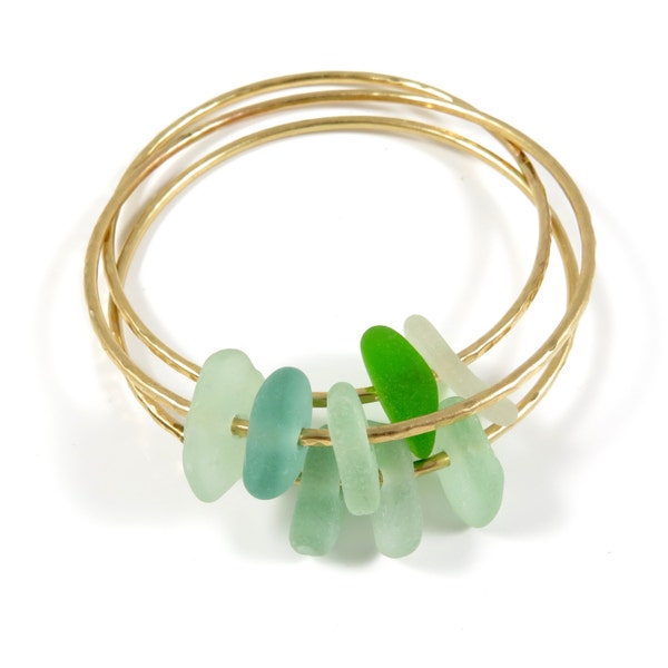 Seaglass Bangle, Gold Hammered Bracelet, Colorful Hawaiian Sea Glass Bangles, Handmade Maui, Hawaii Beach Jewelry, Ocean Lover Gift Idea