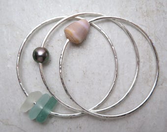 Tahitian Pearl & Seaglass Sterling Silver Bangles - Handmade Hawaiian Jewelry