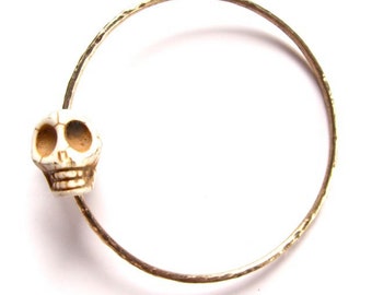 White Skull Gold Bangle, Hammered Bracelet, Halloween Jewelry, Costume Party, Pirate Accessory, Day of the Dead, Sugar Skulls, Gothic, Boho