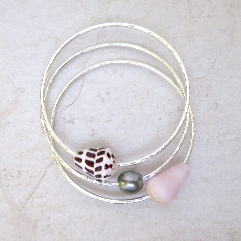 Hammered Sterling Silver Bangle with White Pearl: Handmade Bridal Jewelry image 12