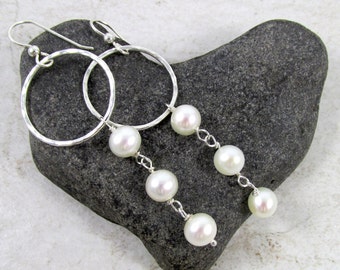 White Pearl Hoop Earrings, Sterling Silver Hammered Hoops, Elegant Dangle, Bridal Accessory, Wedding Jewelry, Pearls, Bridesmaid Gift Idea