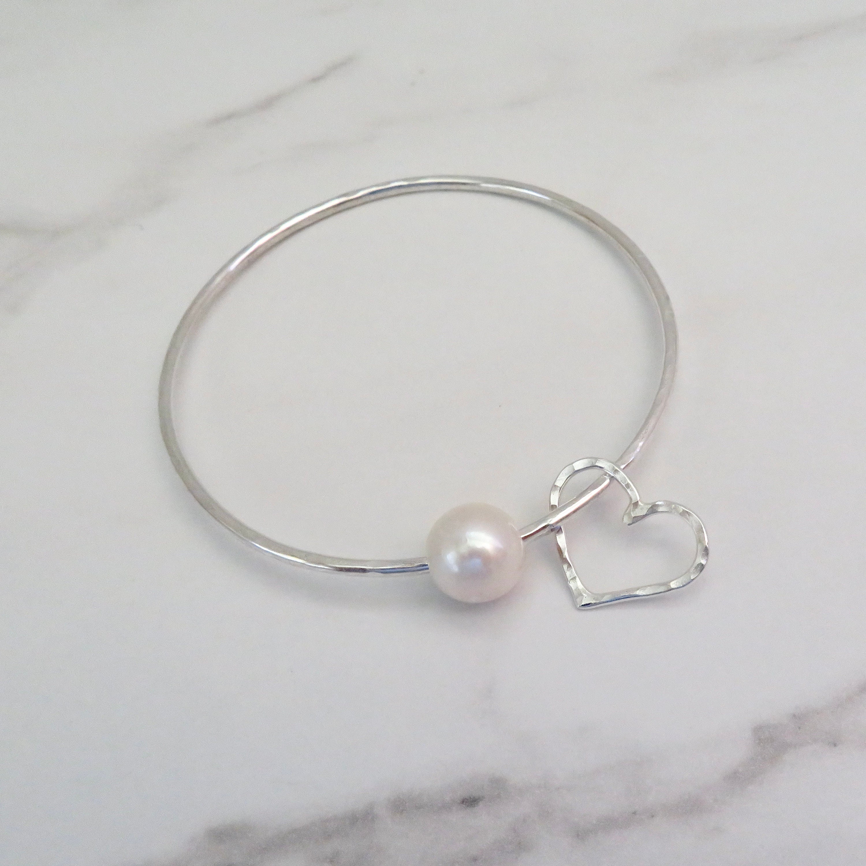 Sterling Silver Bangle: White Pearl, Hammered Heart Charm