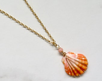 Sunrise Shell Necklace, Gold Chain, Wire Wrapped Orange Pink Hawaiian Seashell, Hawaii Beach Creations, Handmade Maui Jewelry, OOAK Shells