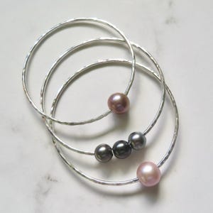 Hammered Sterling Silver Bangle with White Pearl: Handmade Bridal Jewelry image 15