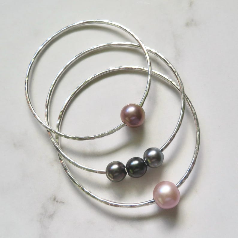 Hammered Sterling Silver Bangle with White Pearl: Handmade Bridal Jewelry image 15
