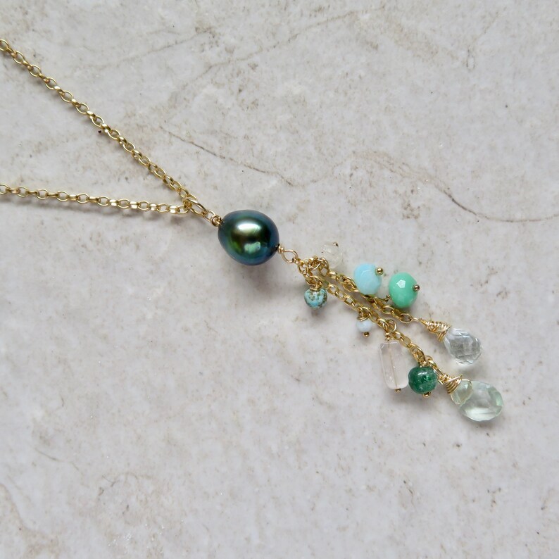 Elegant Gift Idea Handmade Hawaii Jewelry Green Blue Gemstones Tahitian Pearl Gemstone Necklace Long Necklace Gold Chain