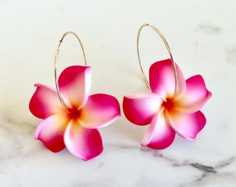 Pink Plumeria Flower Endless Hoop Earrings, Big Gold Hoops, Fun Hawaiian Fashion, Flowers, Handmade Jewelry, Hawaii Beach Party Accessory