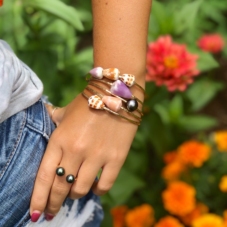 Gold Shell Bangle, Hawaii Beach Jewelry, Stacking Bangles, Hawaiian Shell Bracelet, Surfer Girl Gift, Handmade Maui, Shell Jewelry, Shells image 6