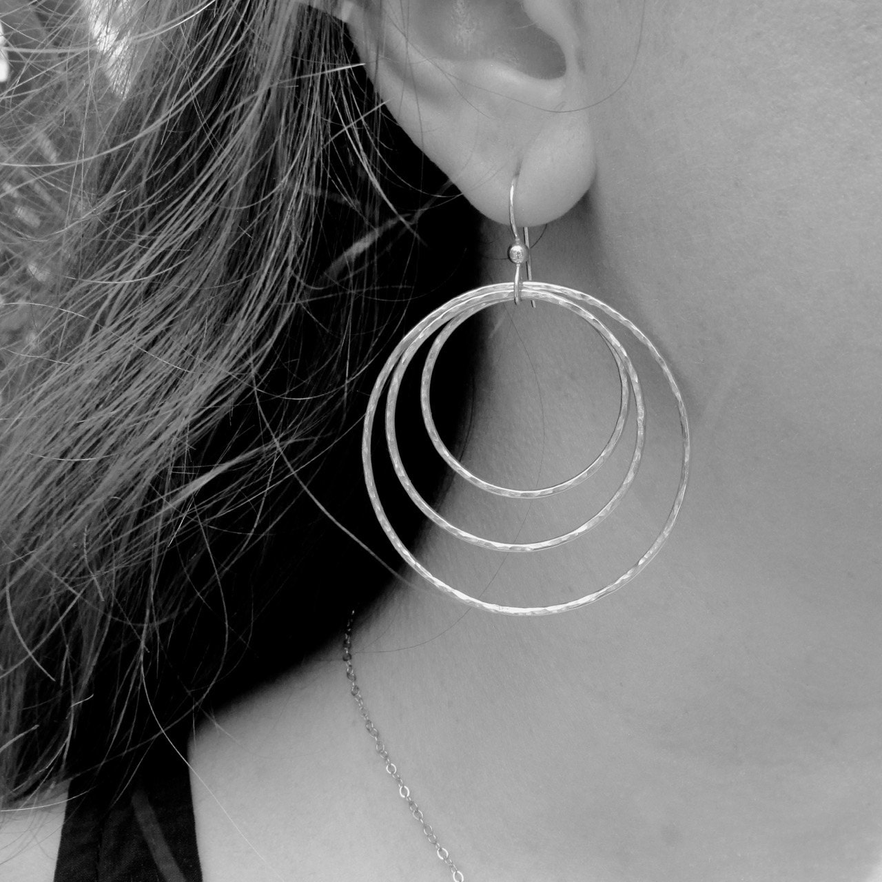 Triple Hoop Earrings, Big Gold Hammered Hoops, Elegant Gift