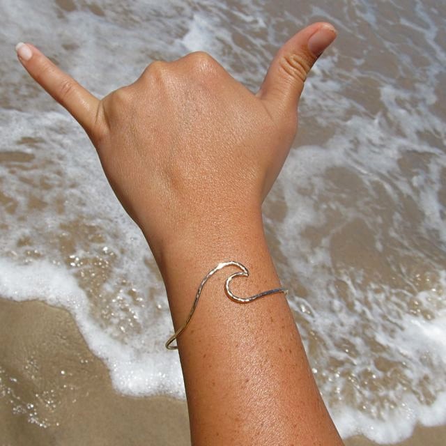 Wave Bangle, Sterling Silver Hammered Bracelet, Surfer Girl Gift