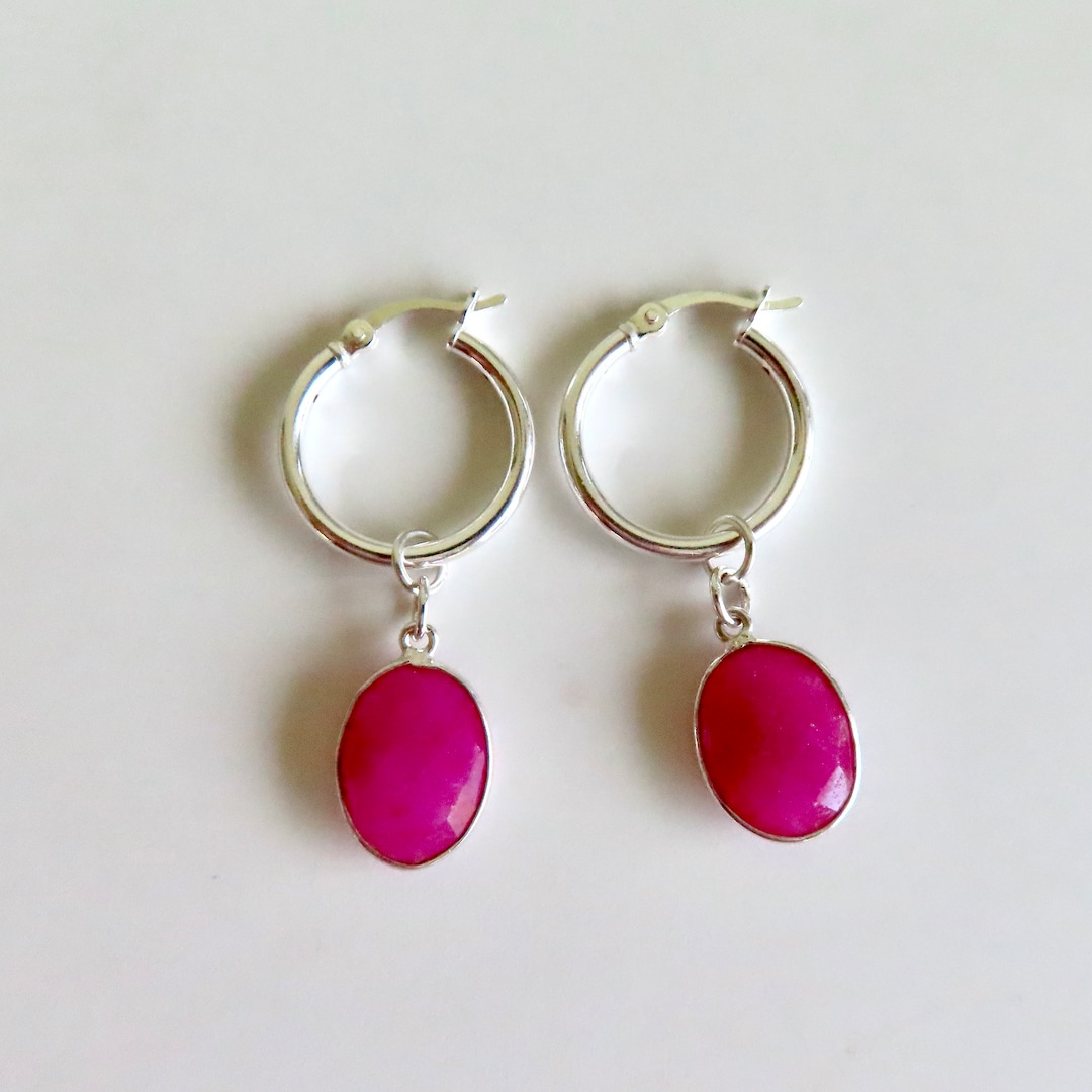 Hot Pink Gemstone Earrings, Sterling Silver Hoop Earrings, Small Tube — free download