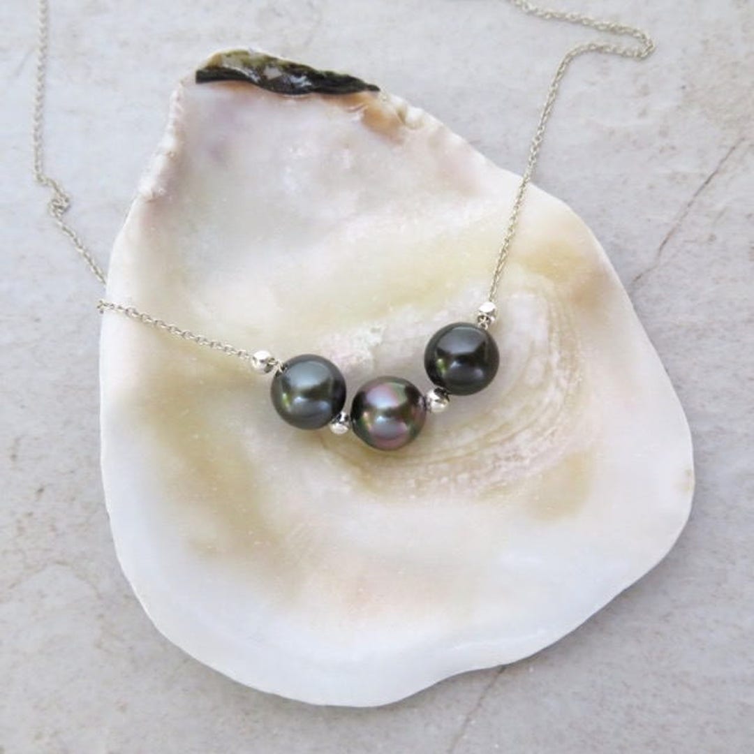 Triple Tahitian Pearl Necklace Silver Chain Beads Floating - Etsy