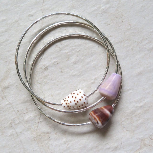Hawaiian Shell Bangles Sterling Silver 3 Hammered Bracelets Etsy