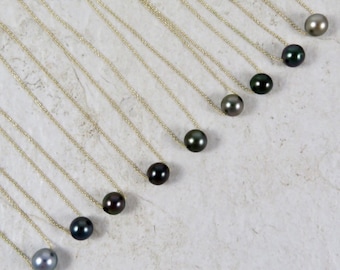 Tahitian Pearl Necklace, Fine Gold Chain, Floating Genuine Black Pearls, June Birthstone Gift For Her, Hawaii Beach Jewelry, Elegant Fashion