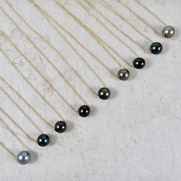 Tahitian Pearl Necklace, Fine Gold Chain, Floating Genuine Black Pearls, June Birthstone Gift For Her, Hawaii Beach Jewelry, Elegant Fashion