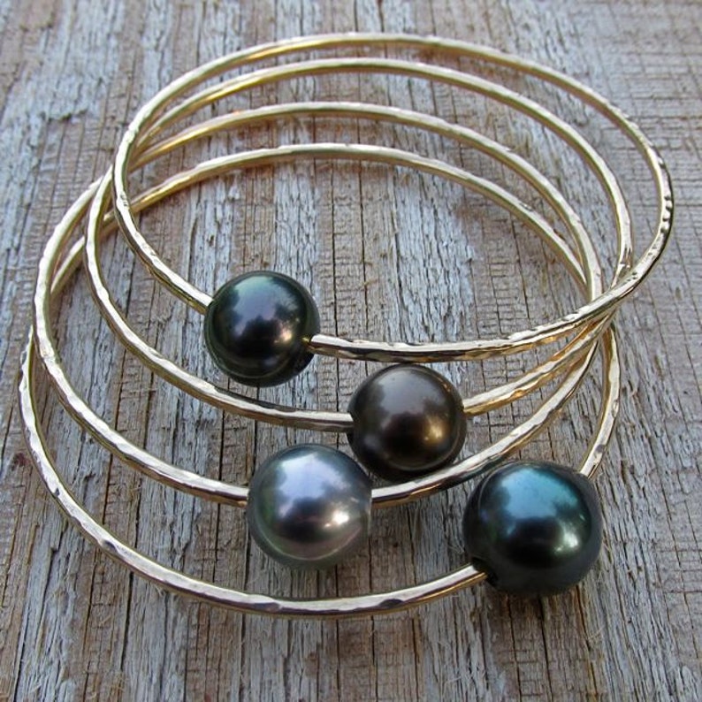 Tahitian Pearl Bangle, Gold Hammered Bracelet, Hawaii Beach Jewelry, Genuine Black Pearls, Bridal, Wedding, Anniversary Gift Idea For Her image 2