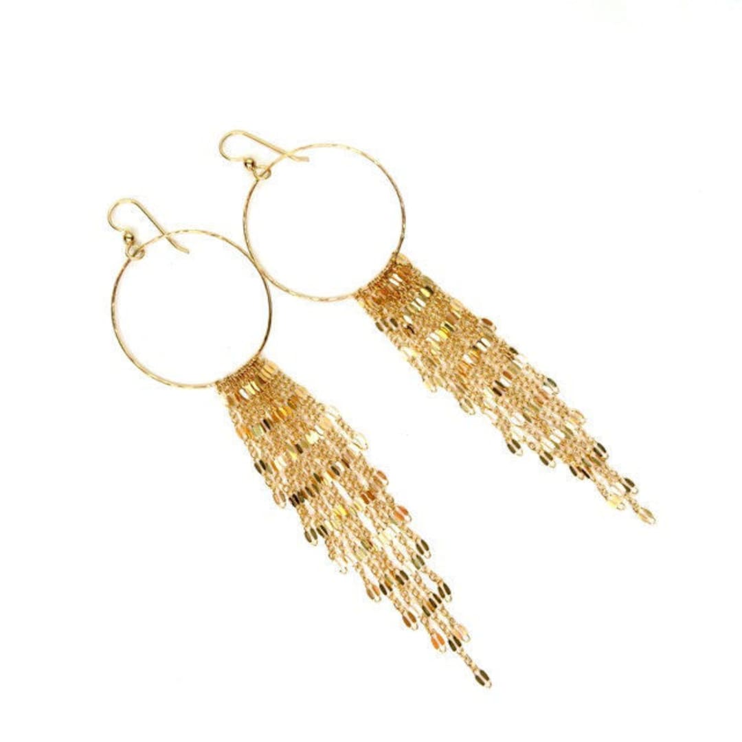 ロングゴールドチェーンダングルイヤリング：ハンドメイドハンマー