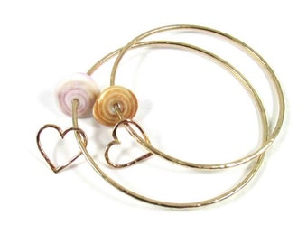 Hawaiian Puka Shell Bangle: Gold Heart Charm, Hawaii Beach Jewelry