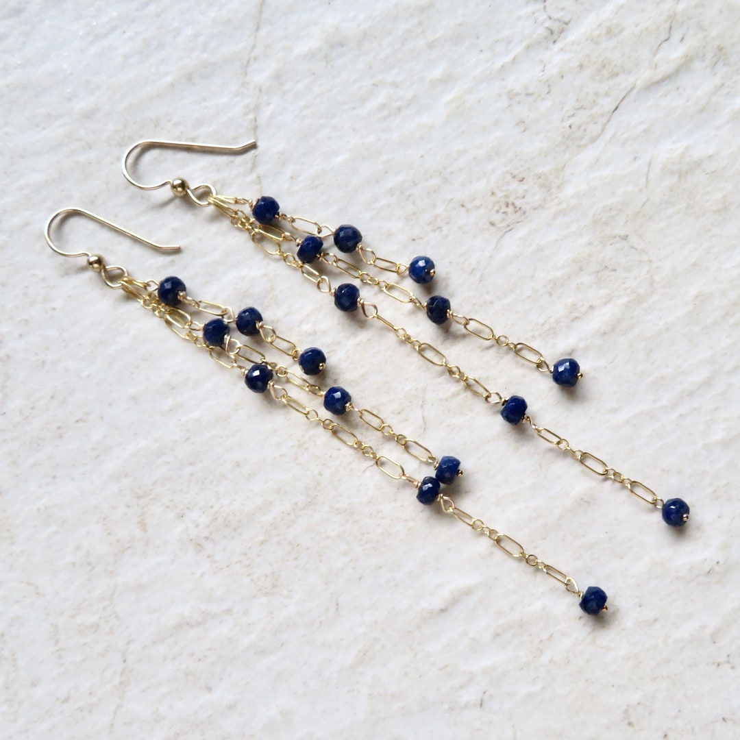 Blue Sapphire Gemstone Earrings Dainty Gold Chain Dangle - Etsy