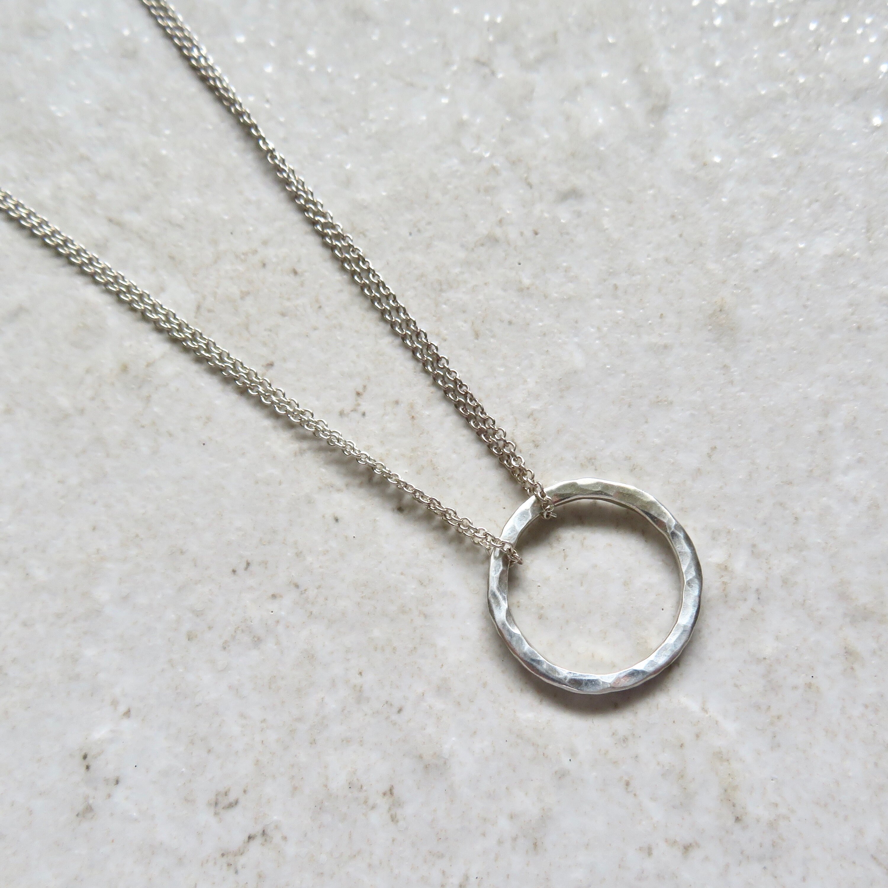 Sterling Silver Circle Necklace, Thick Hammered Ring