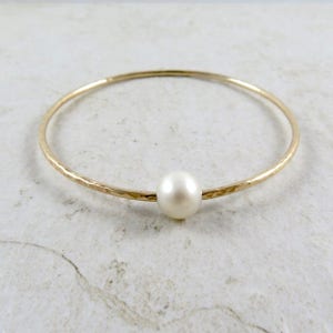 Gold Hammered Bangle: White Freshwater Pearl Bracelet