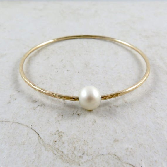 Gold Hammered Bangle: White Freshwater Pearl Bracelet