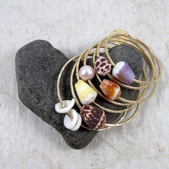 Gold Baby Bangle Hawaiian Shells Tahitian Pearls Personalized