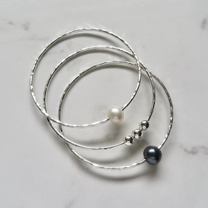 Hammered Sterling Silver Bangle with White Pearl: Handmade Bridal Jewelry image 10