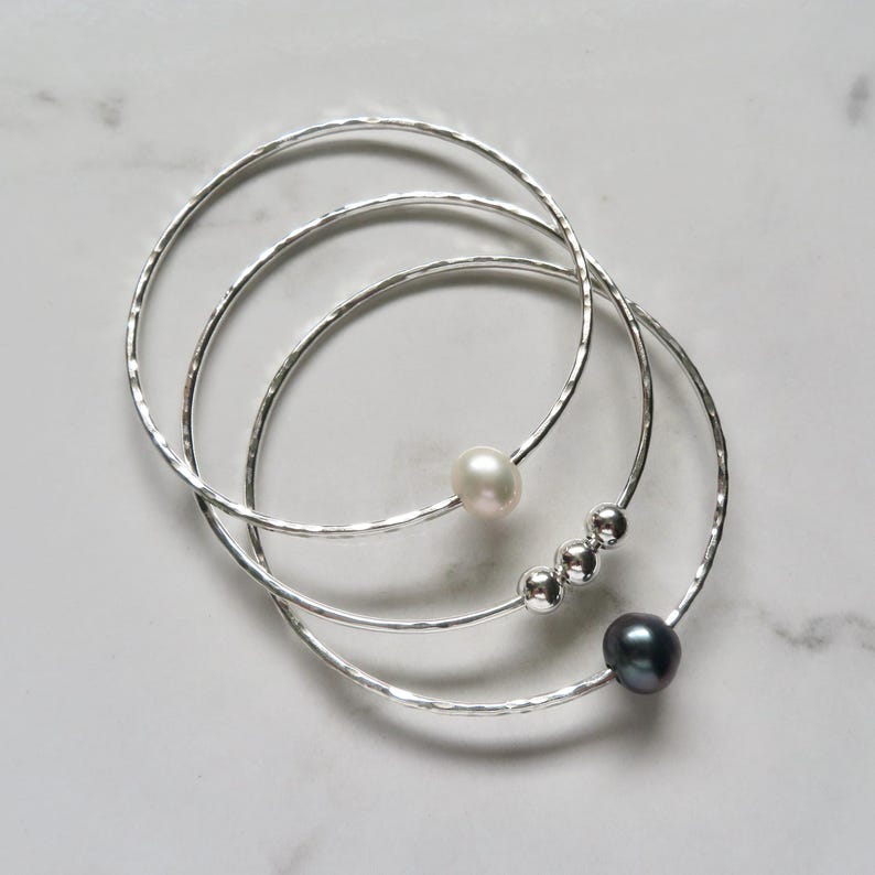 Hammered Sterling Silver Bangle with White Pearl: Handmade Bridal Jewelry image 10