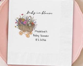 Baby in Bloom Personalized Napkins, Wildflower Baby Shower Decor, Rattan Pram Stroller, Girl or Boy Baby Shower Favor, Garden Party